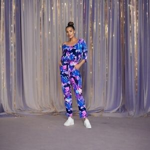 Gorgeous Colorful Royal Blue Pink Floral Print Jumpsuit 3/4 Sleeve Belt Jumpsuit